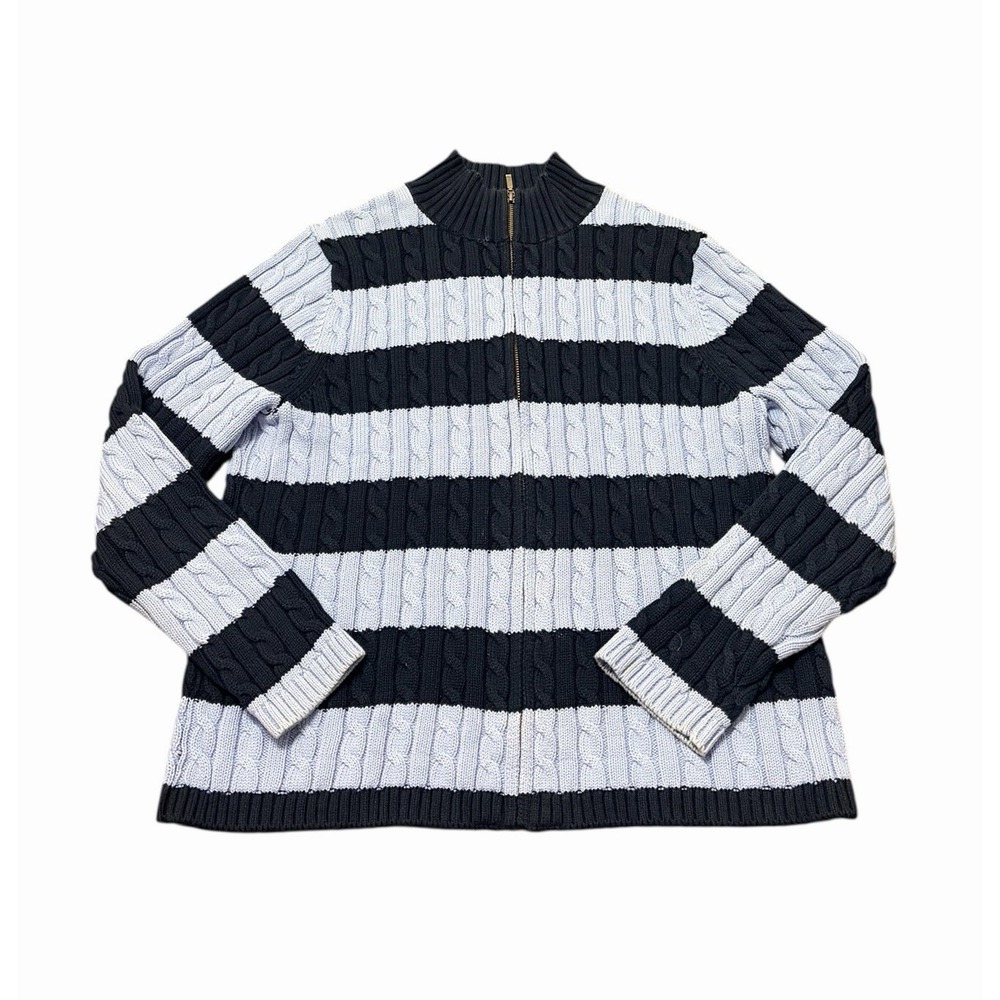LL Bean Sweater‎ Womans XL Petite Full Zip Light Blue Striped Cable Knit Vintage